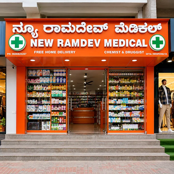 New Ramdev Medical shopfront: orange ACP fascia with white 3D letters and green cross signs
